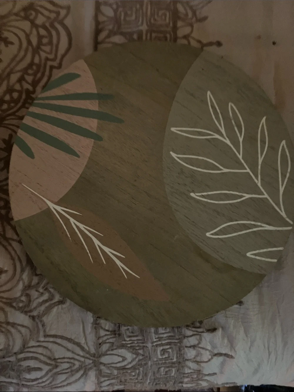 Decorative Round Wooden Wall Accent in Olive Green and Tan